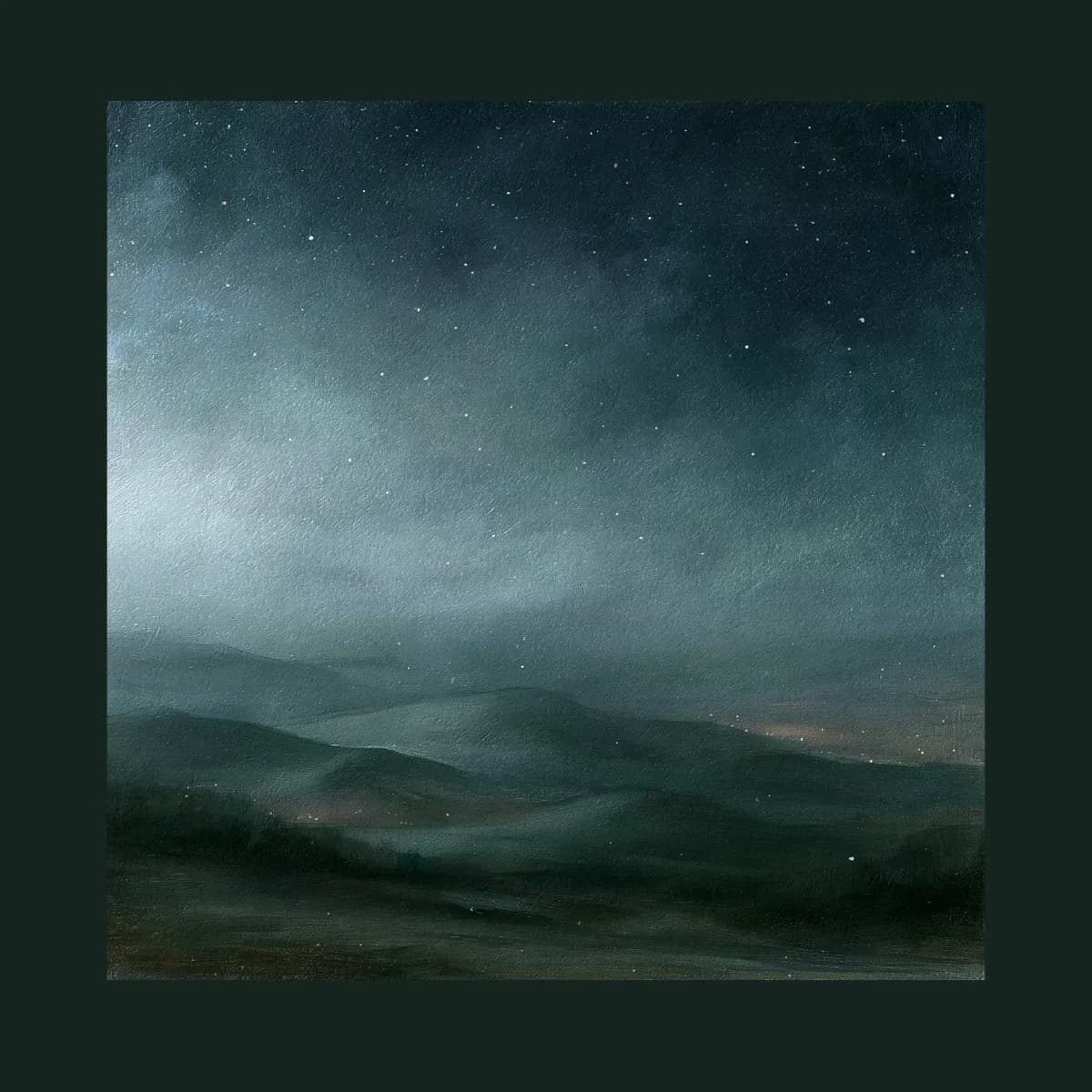 A painted night landscape, hills under a starry sky.