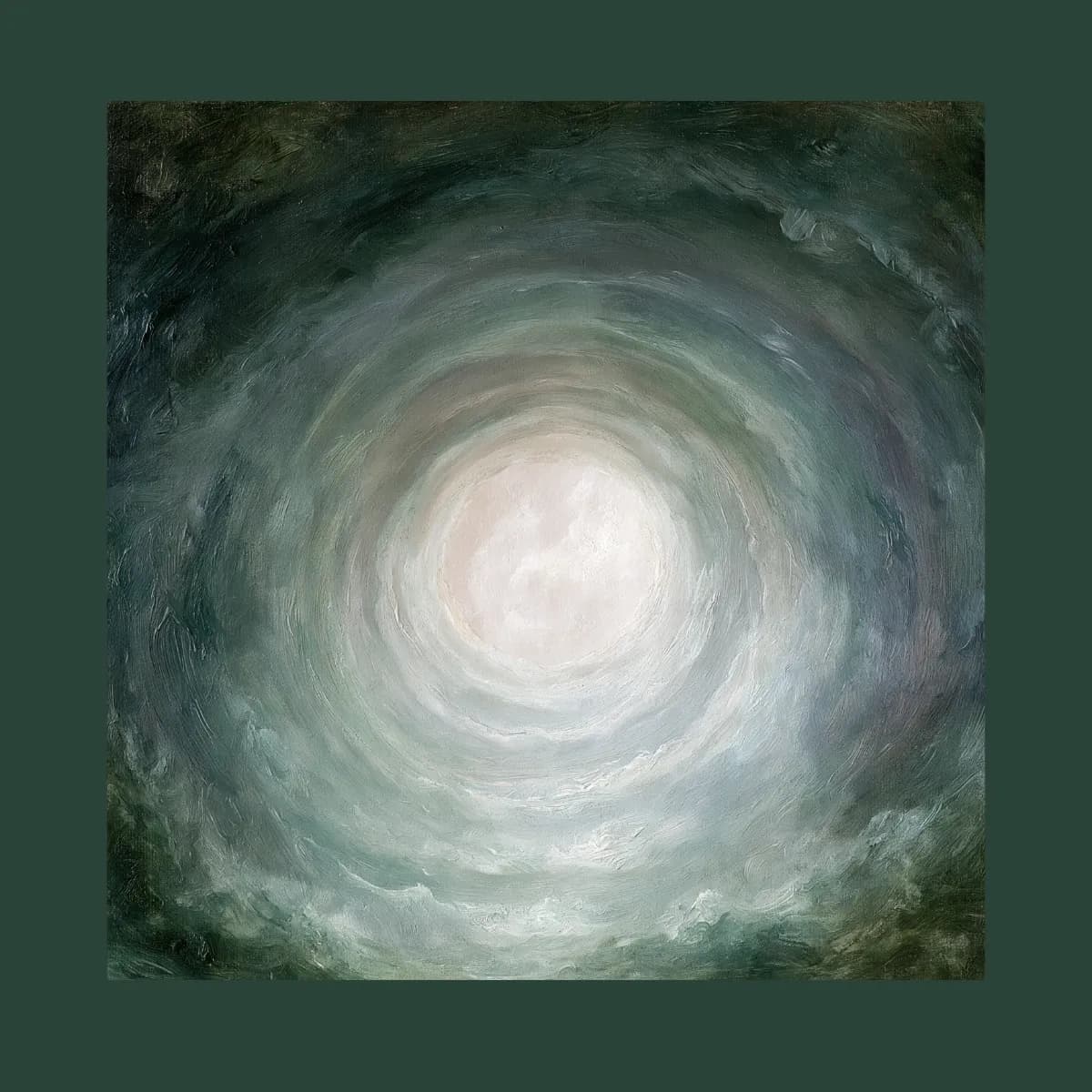 A painting of light breaking through cloud, seen from below.