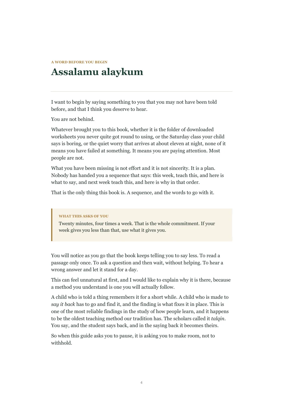 The opening letter of the parent's guide, beginning Assalamu alaykum.